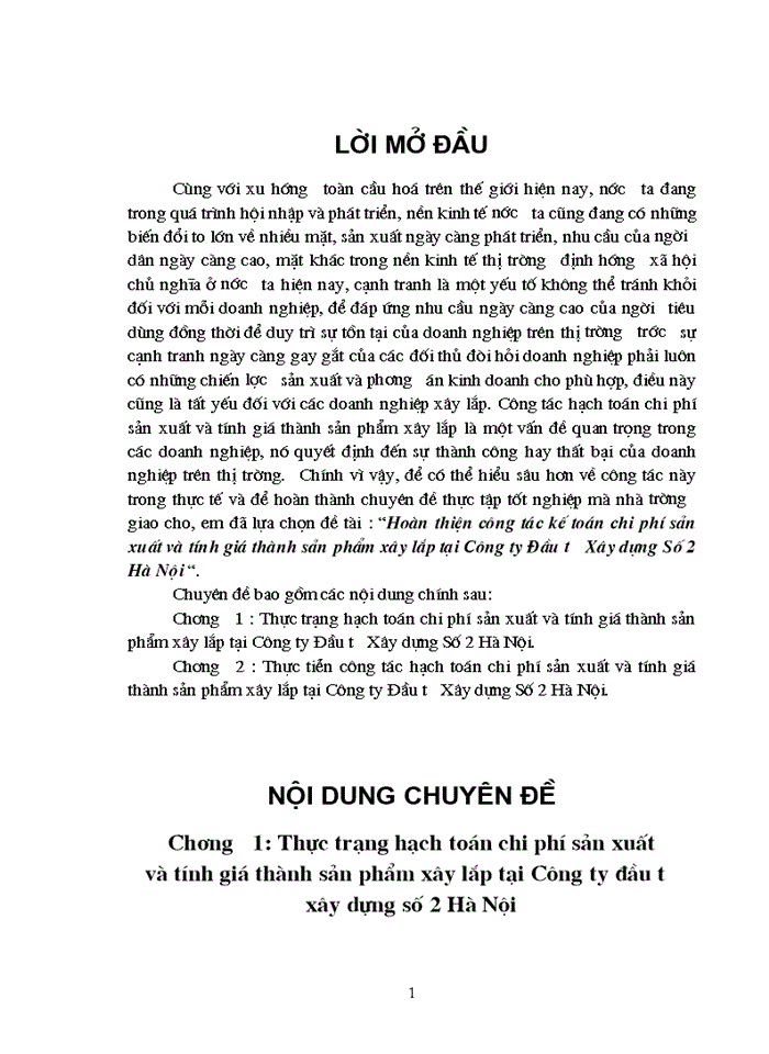 Hoàn thiện công tác Kế toán Chi phí sản xuất và tính Giá thành sản phẩm Xây lắp tại Công ty Đầu tư Xây dựng Số 2 Hà Nội