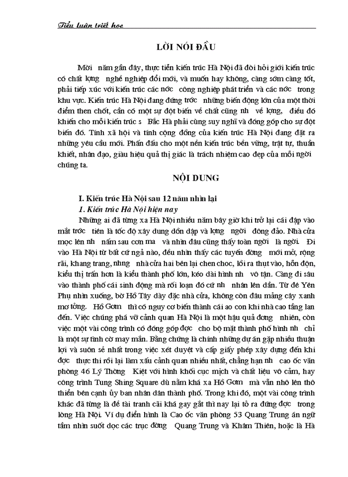 Triết mác Tiểu luận triết học Kiến trúc Hà Nội sau 12 năm nhìn lại