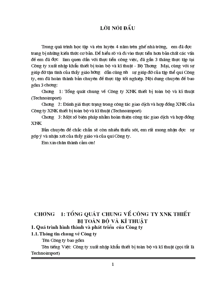 Thực trạng trong công tác giao dịch và hợp đồng Xuất nhập khẩu của Công ty Xuất nhập khẩu thiết bị toàn bộ và kỹ thuật Technoimport C1 2