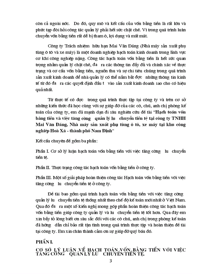 Hạch toán vốn bằng tiền và quản lý lưu chuyển tiền tệ tại Công ty Trách nhiệm Hữu hạn Mai Văn Đáng nhà máy Sản xuất phụ tùng Ô tô xe máy