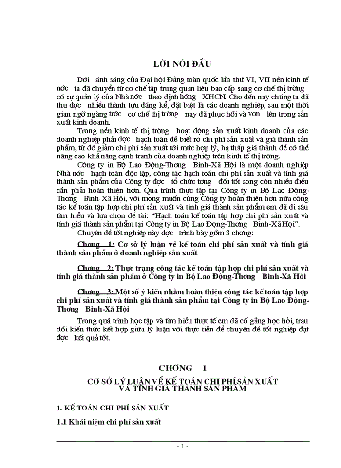 Hạch toán Kế toán tập hợp Chi phí sản xuất và tính Giá thành sản phẩm tại Công ty In bộ Lao động Thương Binh Xã hội