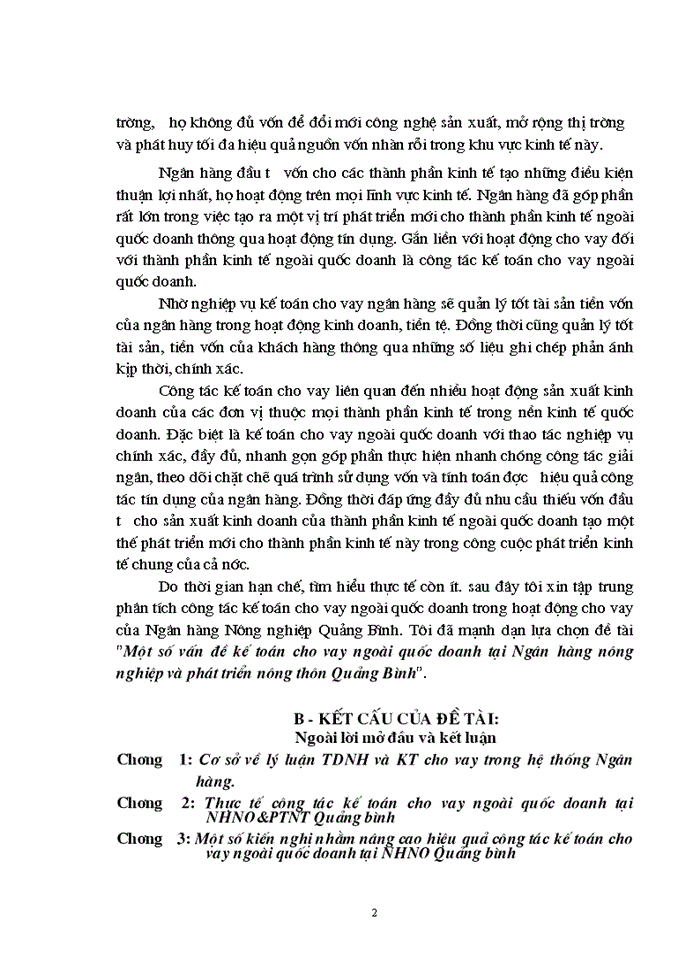 Một số vấn đề Kế toán cho vay ngoài quốc doanh tại Ngân hàng Nông nghiệp và Phát triển Nông thôn Quảng Bình