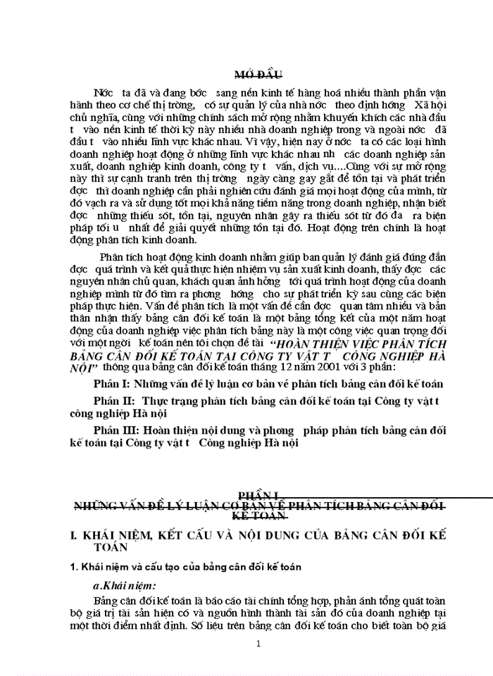 Hoàn thiện việc phân tích bảng cân đối Kế toán tại Công ty Vật tư Công nghiệp Hà Nội