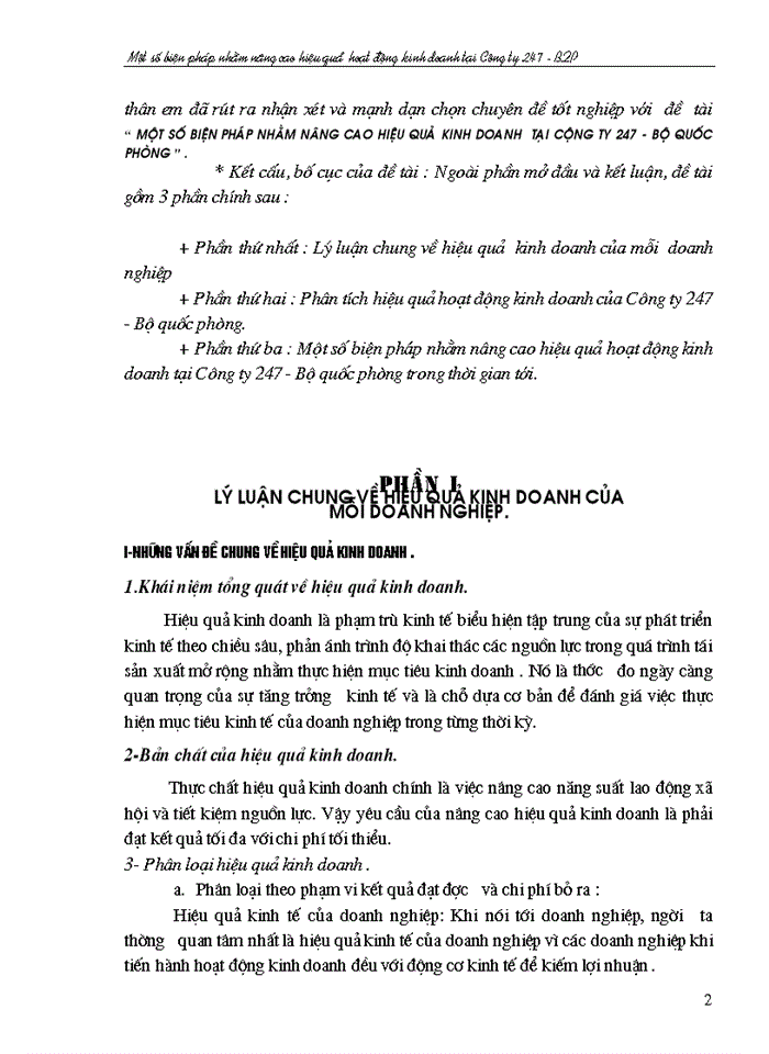 Một số biện pháp nhằm nâng cao hiệu quả Kinh doanh tại Công ty 247 - Bộ Quốc Phòng