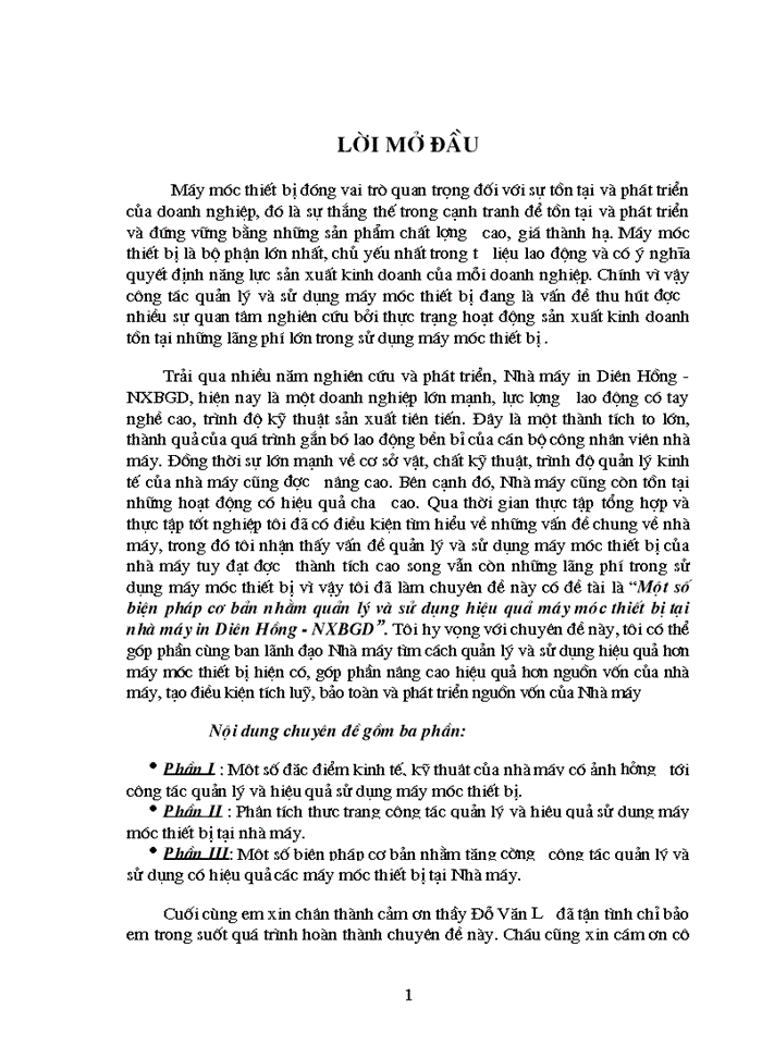 Biện pháp nhằm quản lý và sử dụng hiệu quả máy móc thiết bị tại Nhà máy in Diên Hồng XBGD