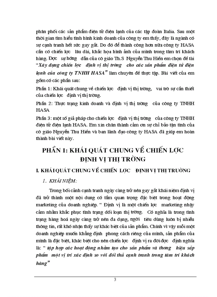 Xây dựng chiến lược định vị thị trường cho các sản phẩm Điện tử Điện lạnh của Công ty Trách nhiệm Hữu hạn HASA