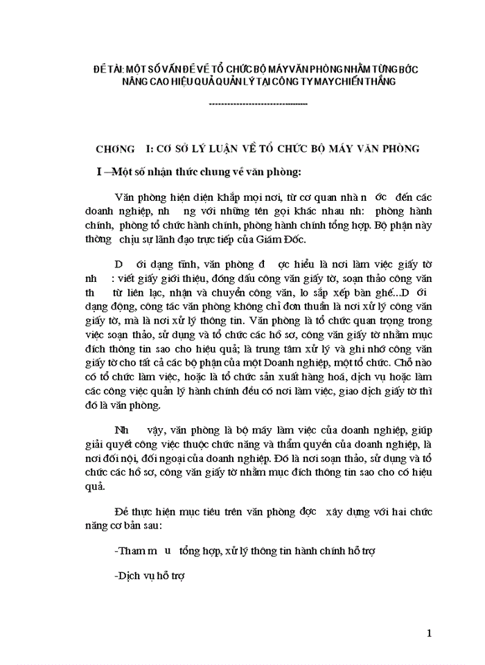 Một số vấn đề về tổ chức bộ máy văn phòng nhằm từng bước nâng cao hiệu quả quản lý tại Công ty May Chiến Thắng
