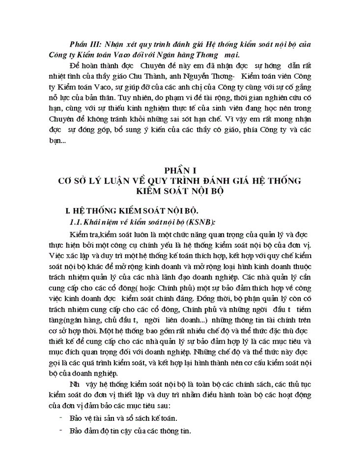 THS Tìm hiểu và đánh giá hệ thống kiểm soát nội bộ đối với Ngân hàng Thương mại do Công ty VACO thực hiện
