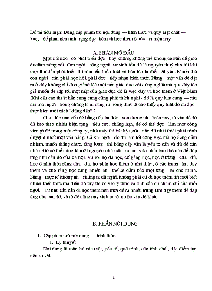 image for page Triết mác Dùng cặp phạm trù nội dung - hình thức và quy luật chất - lượng để phân tích tình trạng dạy thêm và học thêm