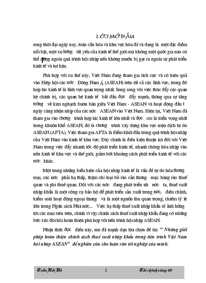 THS Những Giải pháp hoàn thiện chính sách thuế Xuất nhập khẩu trong tiến trình Việt Nam hội nhập ASEAN để nghiên cứu cho luận văn tốt nghiệp của mình