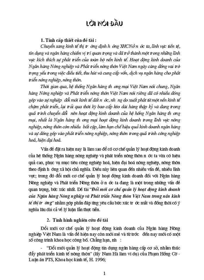 THS Đổi mới cơ chế quản lý hoạt động Kinh doanh của Ngân hàng Nông nghiệp và Phát triển Nông thôn Việt Nam trong nền Kinh tế Thị trường