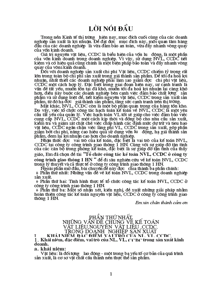 image for page Tổ chức công tác Kế toán Nguyên vật liệu Công cụ dụng cụ ở Công ty công trình giao thông 1 HN