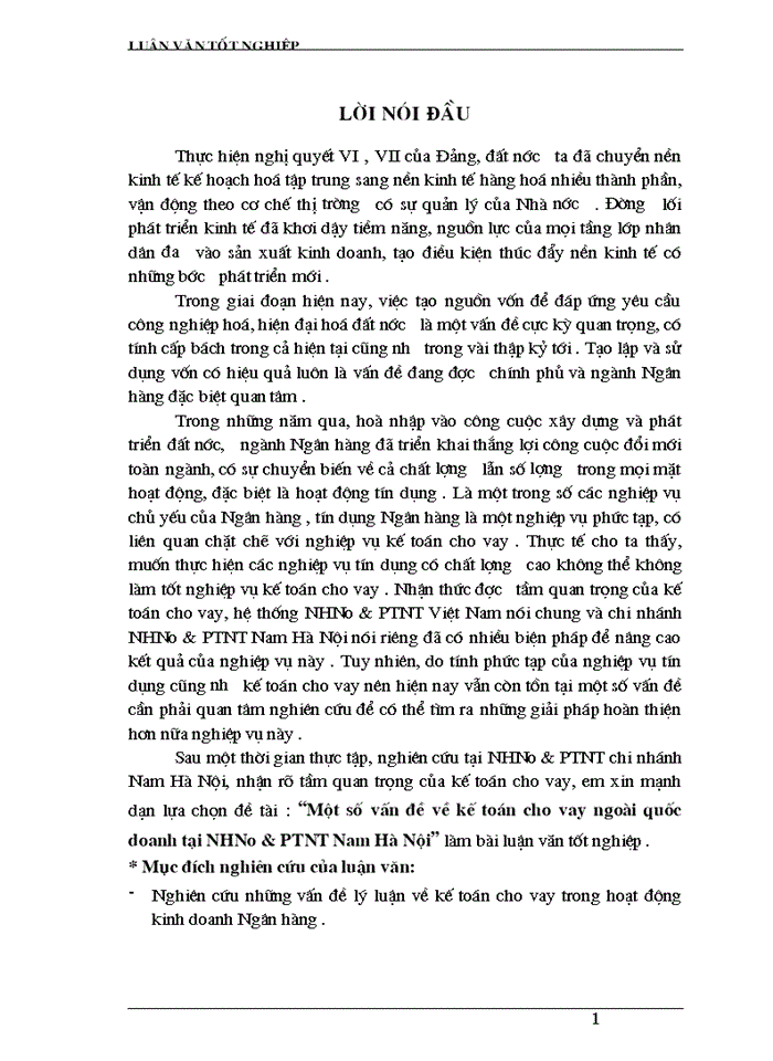 Một số vấn đề về Kế toán cho vay ngoài quốc doanh tại Ngân hàng Nông nghiệp và Phát triển Nông thôn Nam Hà Nội