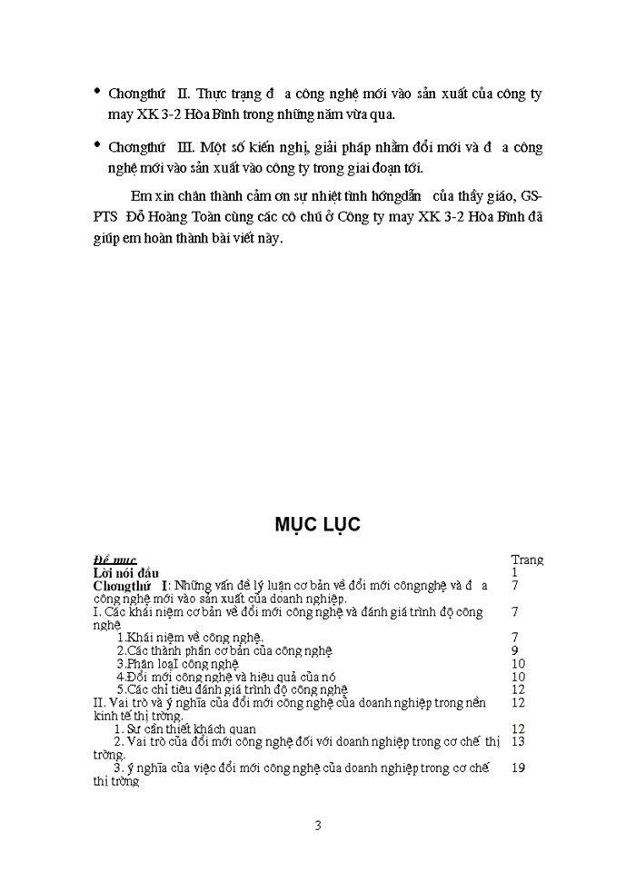 Một số Giải pháp về đổi mới công nghệ và đưa công nghệ mới vào sản xuất ở Công ty may Xuất khẩu 3-2 Hòa Bình giai đoạn 2001-2005
