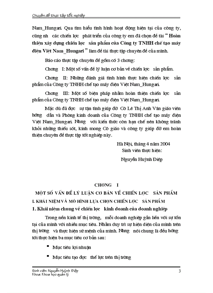 Hoàn thiện Xây dựng chiến lược sản phẩm của Công ty Trách nhiệm Hữu hạn chế tạo máy Điện Việt Nam Hungari