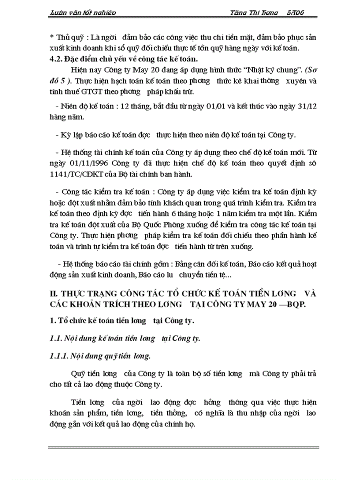 image for page Hoàn thiện công tác Kế toán tiền lương và các khoản tính trích theo lương tại Công ty May 20 - BQP