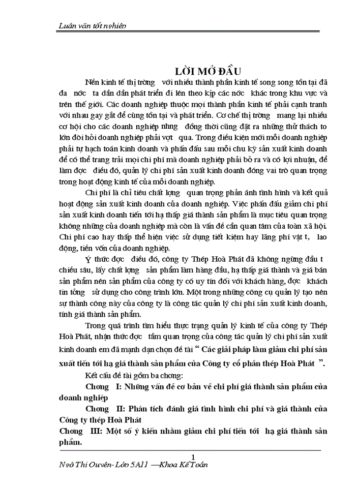 Các Giải pháp làm giảm Chi phí sản xuất tiến tới hạ Giá thành sản phẩm của Công ty cổ phần thép Hoà Phát