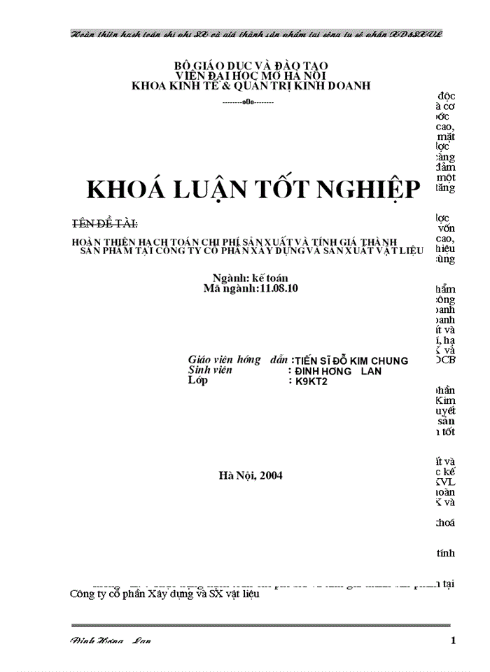 Hoàn thiện hạch toán Chi phí sản xuất và tính Giá thành sản phẩm tại Công ty cổ phần Xây dựng và Sản xuất vật liệu