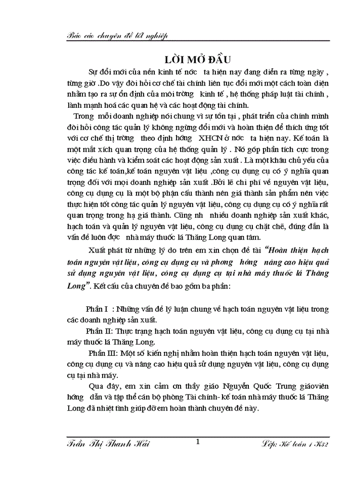 image for page Hoàn thiện hạch toán Nguyên vật liệu Công cụ dụng cụ và phương hướng nâng cao hiệu quả sử dụng Nguyên vật liệu Công cụ dụng cụ tại nhà máy thuốc lá Thăng Long