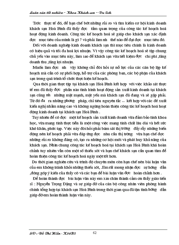 image for page Hoàn thiện công tác kế hoạch hoá hoạt động Kinh doanh tại khách sạn Hoà Bình