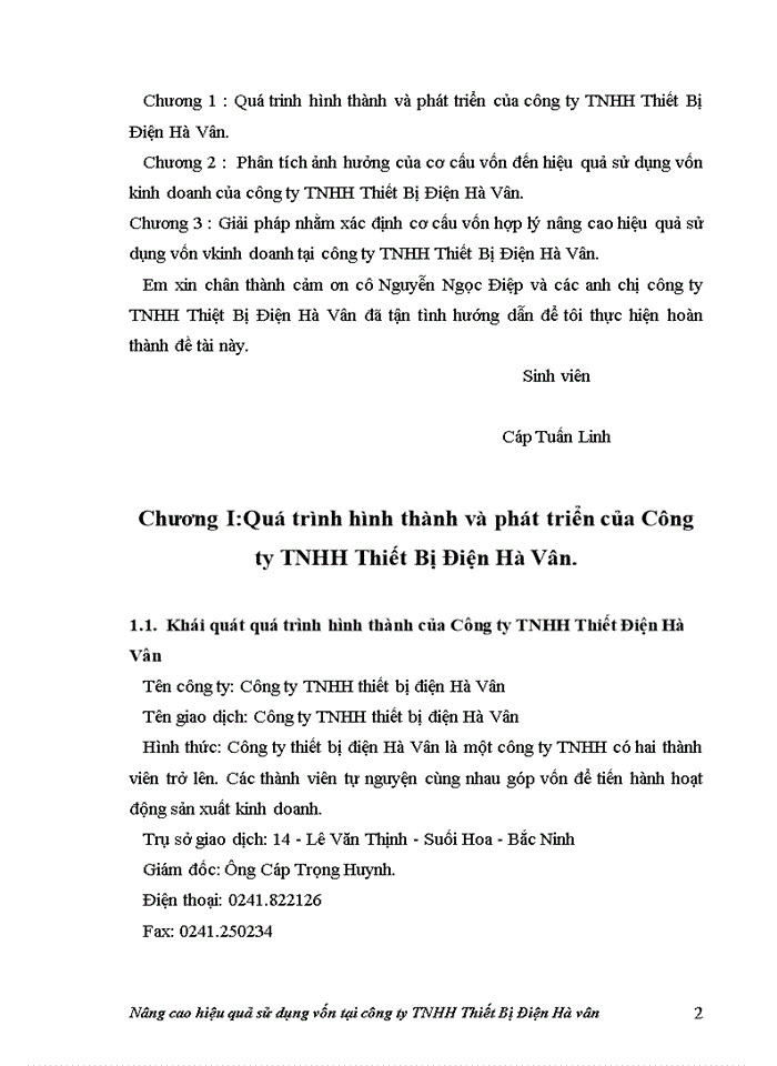 Nâng cao hiệu quả sử dụng vốn tại Công ty Trách nhiệm Hữu hạn Thiết Bị Điện Hà vân