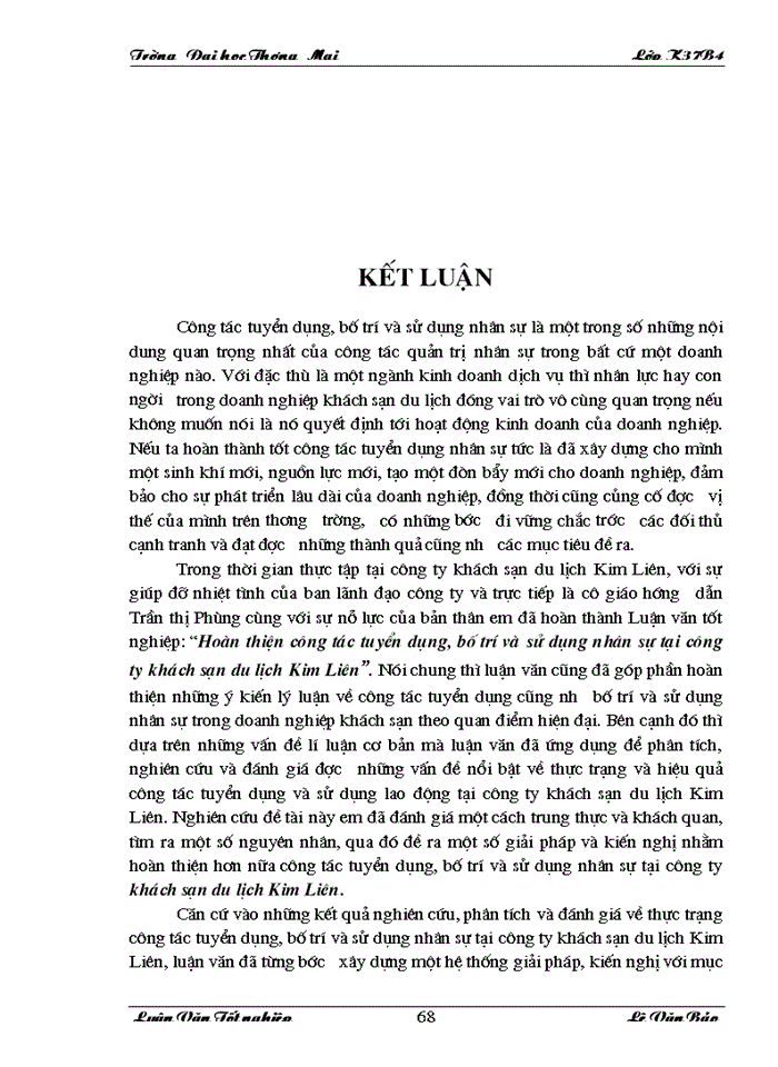 image for page Hoàn thiện công tác tuyển dụng bố trí và sử dụng nhân sự tại Công ty khách sạn du lịch Kim liên