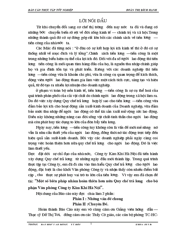 Một số biện pháp nhằm hoàn thiện hơn nữa Quy chế trả lương cho bộ phận Văn phòng Công ty Kim Khí Hà Nội