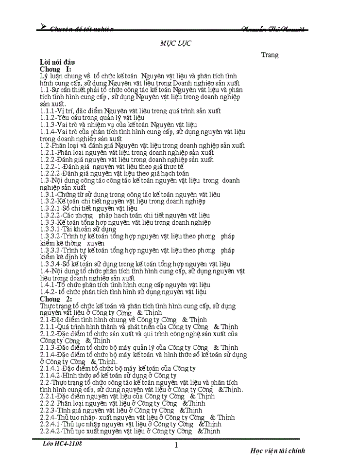 image for page Tổ chức Kế toán Nguyên vật liệu và phân tích tình hình cung cấp sử dụng Nguyên vật liệu ở Công ty cường và Thịnh