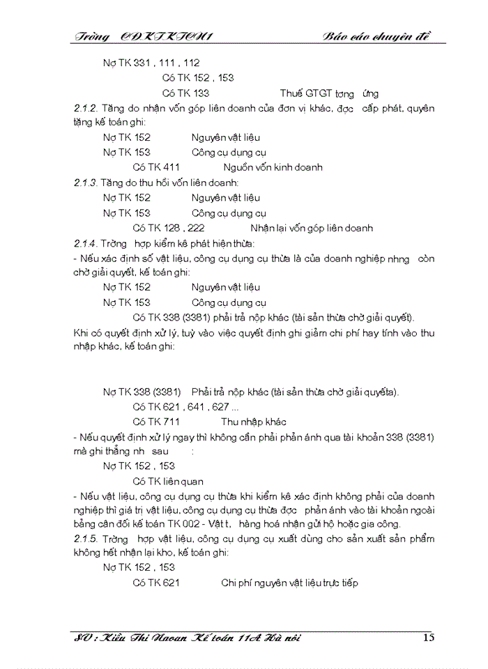 image for page THS Kế toán Nguyên vật liệu Công cụ dụng cụ ở Công ty Xây dựng Hương Giang - Bộ quốc phòng