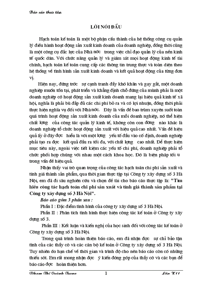 Tìm hiều công tác hạch toán Chi phí sản xuất và tính Giá thành sản phẩm tại Công ty Xây dựng số 3 Hà Nội