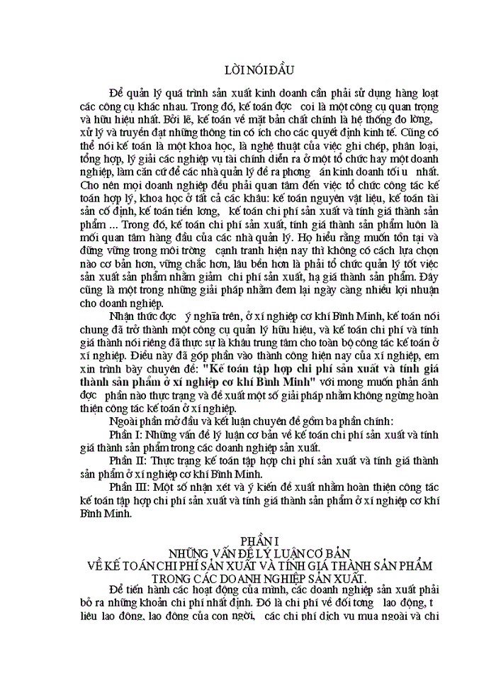 Kế toán tập hợp Chi phí sản xuất và tính Giá thành sản phẩm ở xí nghiệp cơ khí Bình Minh