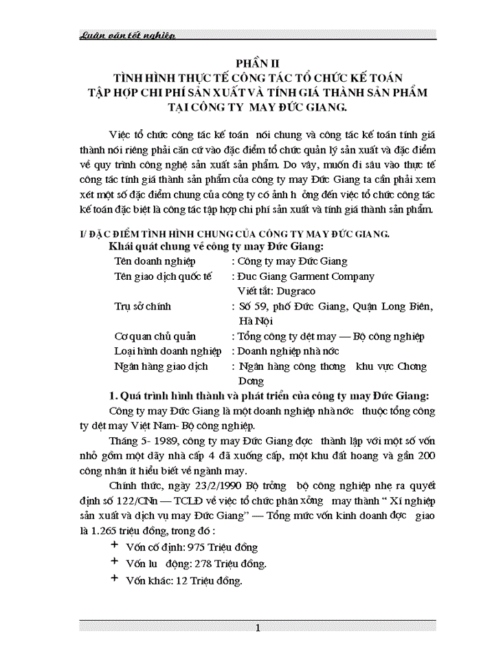 Tình hình thực tế công tác tổ chức Kế toán tập hợp Chi phí sản xuất và tính Giá thành sản phẩm tại Công ty may Đức Giang