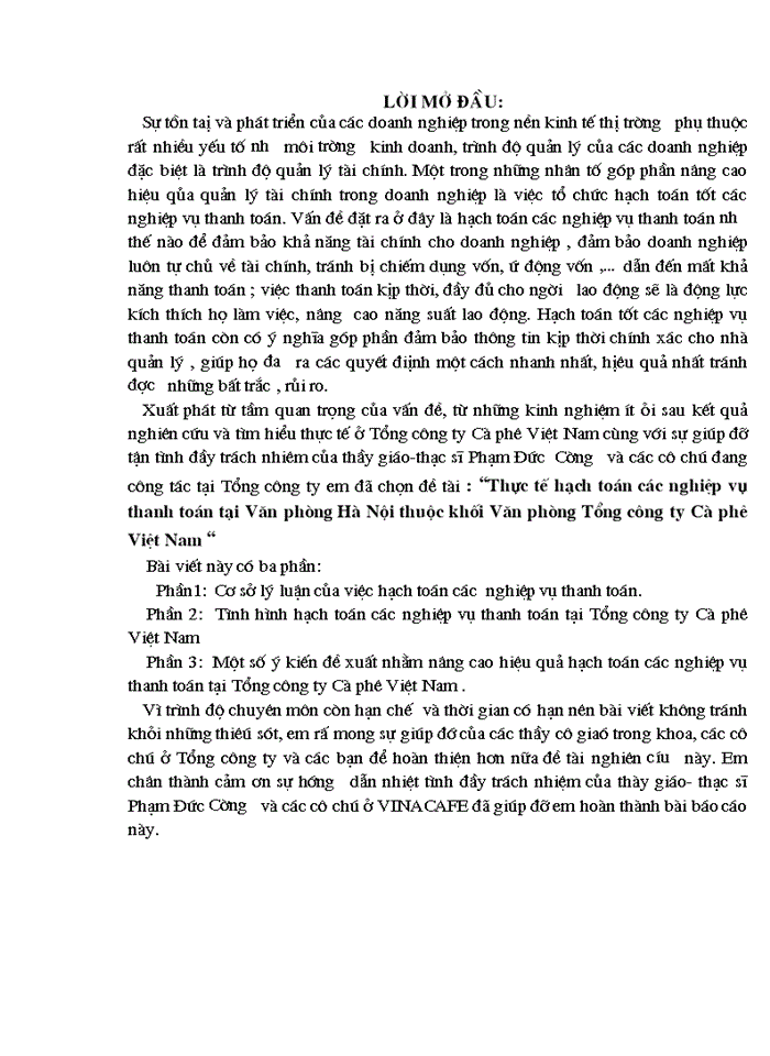 Thực tế hạch toán các nghiệp vụ thanh toán tại Văn phòng Hà Nội thuộc khối Văn phòng Tổng Công ty Cà phê Việt Nam