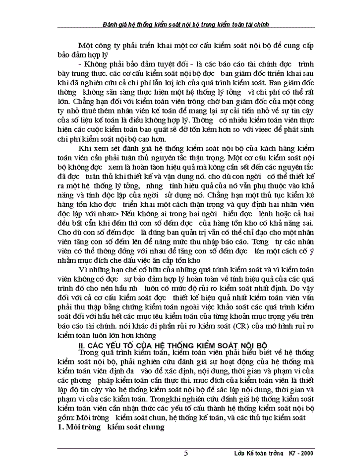 Đánh giá hệ thống kiểm soát nội bộ trong Kiểm toán tài chính