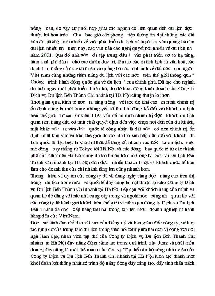 Báo cáo Tại về Công ty dịch vụ du lịch Bến Thànhchi nhánh tại Hà Nội