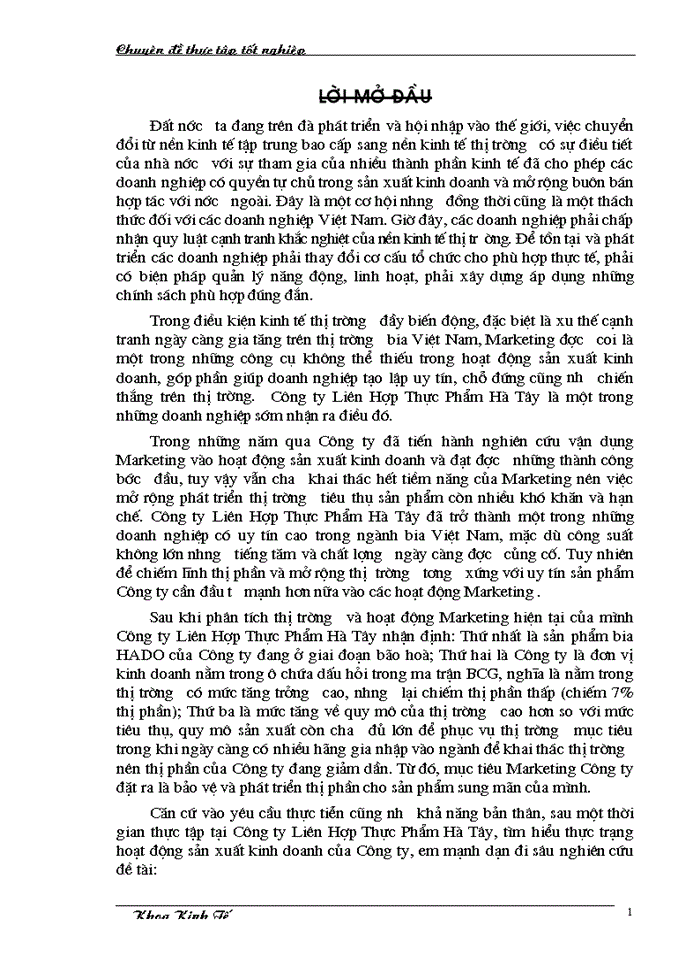 Một vài Giải pháp nhằm đẩy mạnh việc ứng dụng Marketing vào hoạt động phát triển thị trường Tiêu thụ Sản phẩm HADO của Công ty Liên Hợp Thực Phẩm Hà Tây
