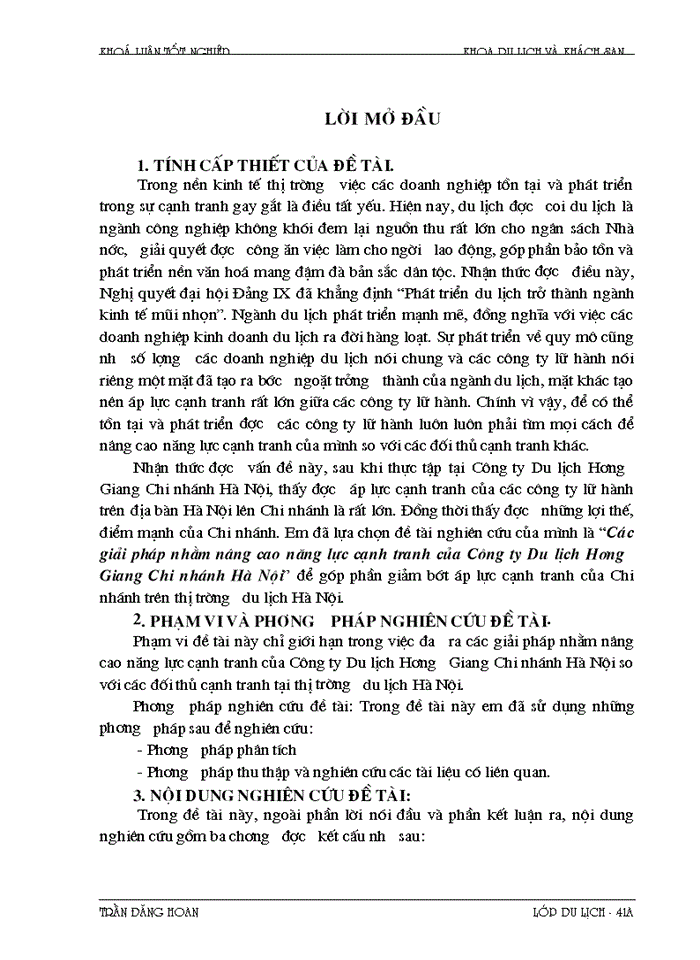 THS Các Giải pháp nhằm nâng cao năng lực cạnh tranh của Công ty Du lịch Hương Giang Chi nhánh Hà Nội