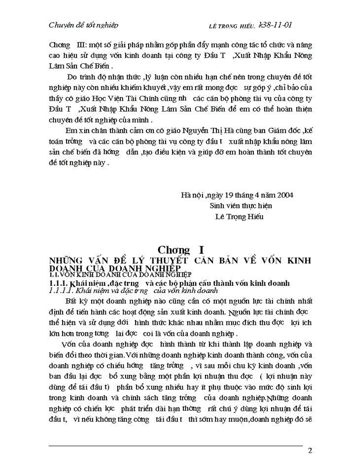 Vốn Kinh doanhvà các biện pháp nâng cao hiệu quả sử dụng vốn Kinh doanh tại Công ty Đầu Tư Xuất nhập khẩu Nông Lâm Sản Chế Biến