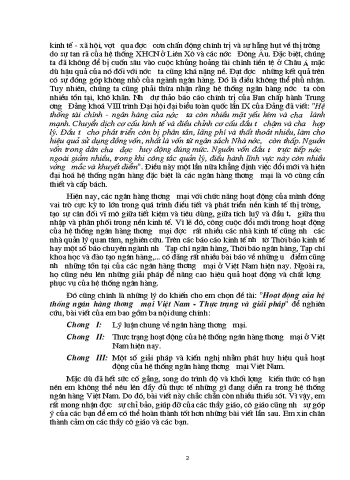 Hoạt động của hệ thống Ngân hàng Thương mại Việt Nam - Thực trạng và Giải pháp
