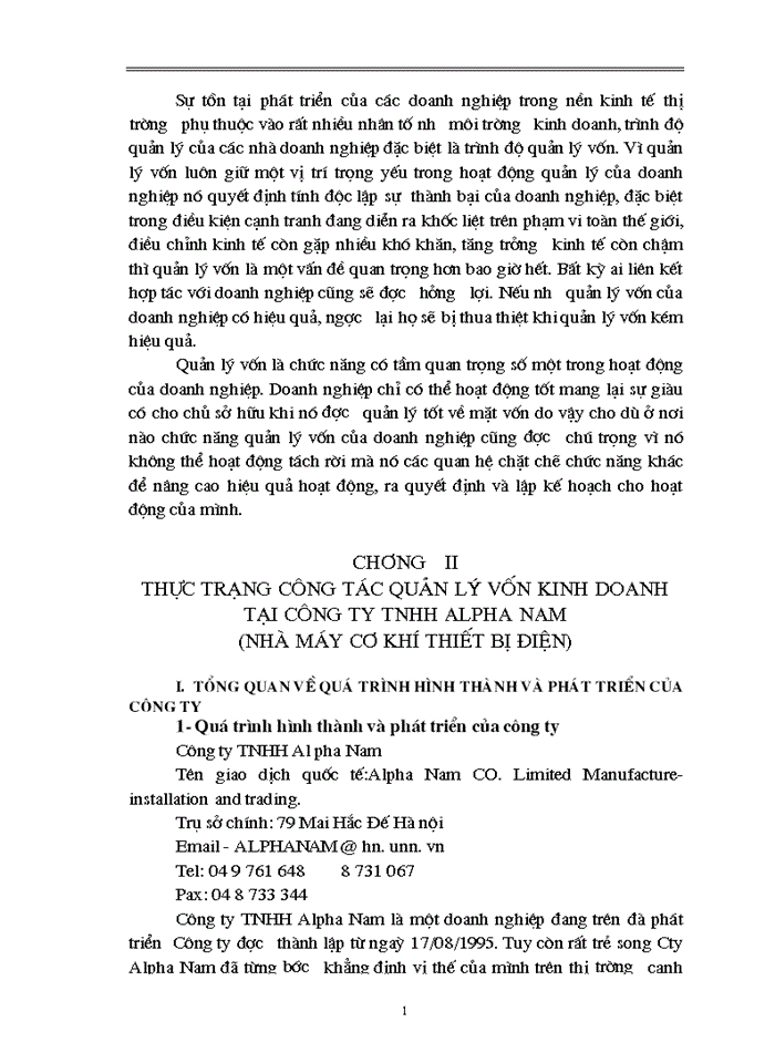 Một số biện pháp nhằm nâng cao hiệu quả sử dụng vốn tại Công ty Alpha Nam Nhà máy cơ khí thiết bị Điện Alpha Nam