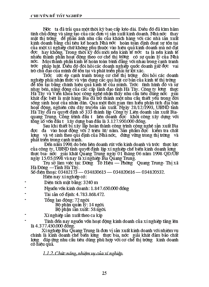 image for page Tổ chức hạch toán thành phẩm và Tiêu thụ Thành phẩm ở xí nghiệp Bia- Quang Trung