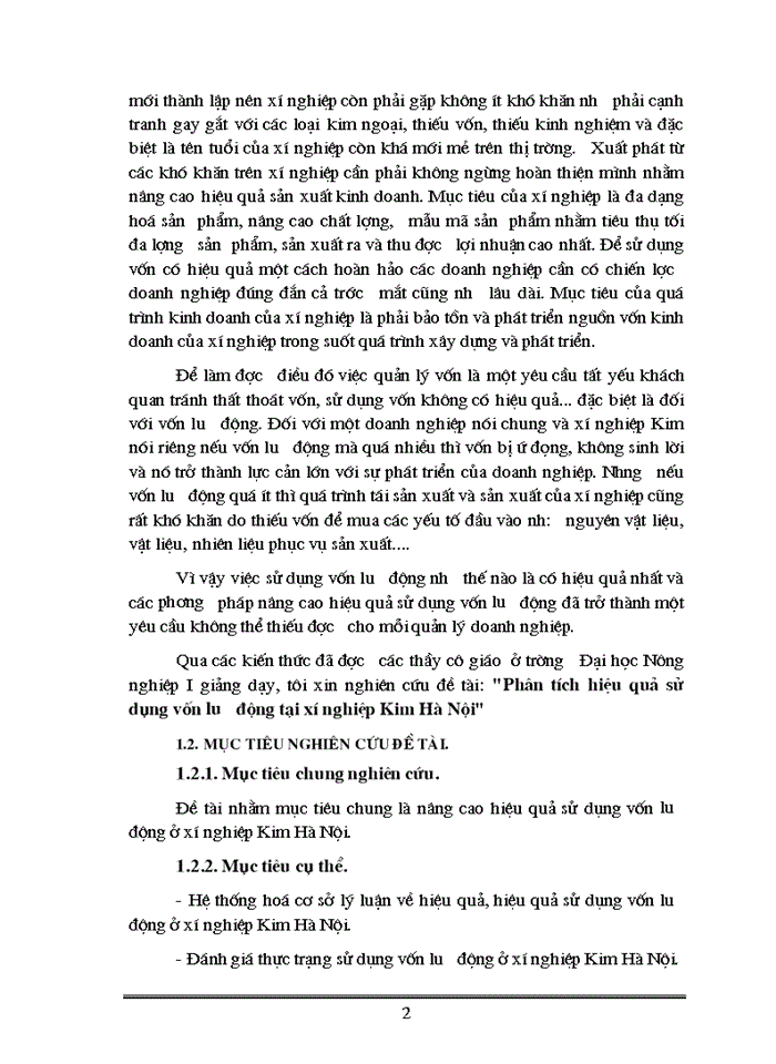 Phân tích hiệu quả sử dụng Vốn lưu động tại xí nghiệp Kim Hà Nội