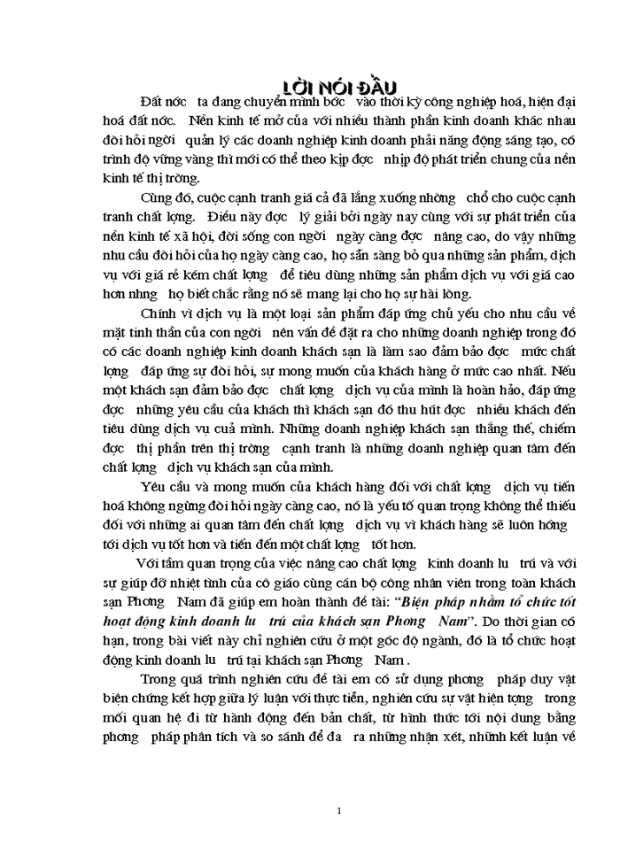 Biện pháp nhằm tổ chức tốt hoạt động Kinh doanhlưu trú của khách sạn Phương Nam