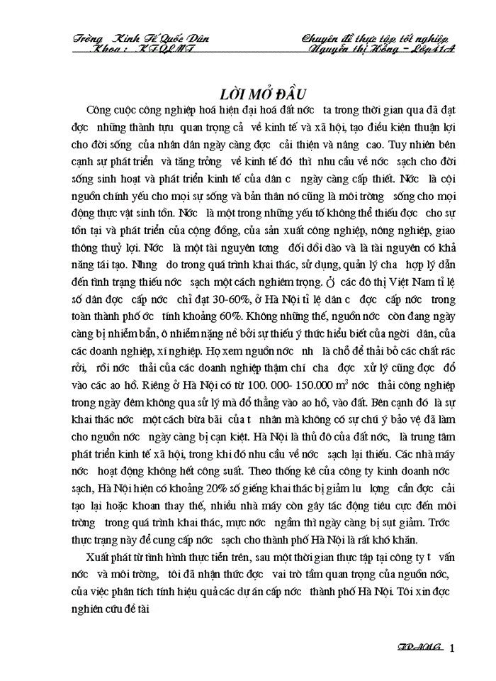 Bước đầu nghiên cứu về tính hiệu quả của dự án cấp nước sạch cho thành phố Hà Nội từ nguồn nước sông đà