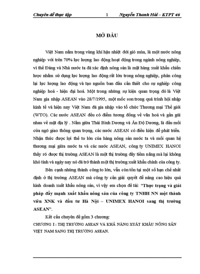 Thực trạng và Giải pháp đẩy mạnh Xuất khẩu nông sản của Công ty Trách nhiệm Hữu hạn Nhà nước một thành viên Xuất nhập khẩu và đầu tư Hà Nội UNIMEX HANOI sang thị trường ASEAN
