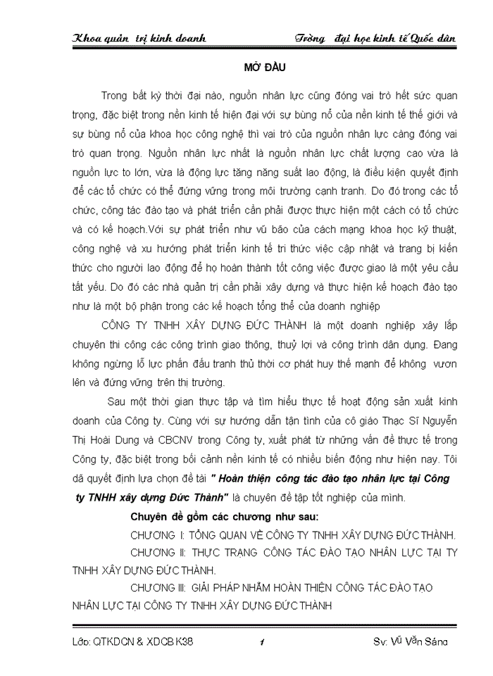 Hoàn thiện công tác đào tạo nhân lực tại Công ty Trách nhiệm Hữu hạn Xây dựng đức thành