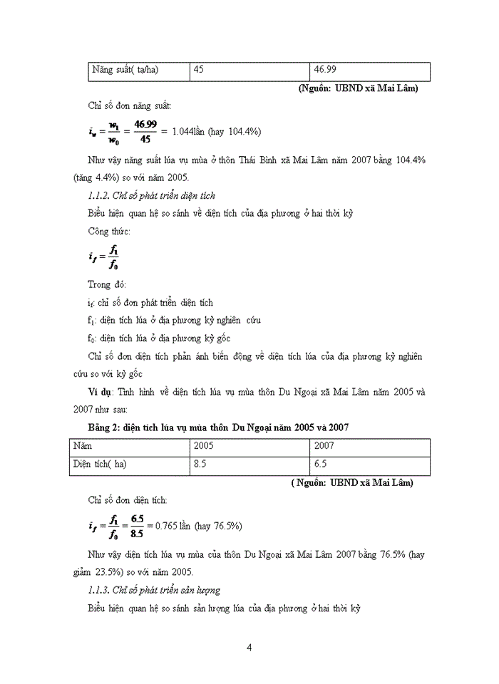 Vận dụng phương pháp chỉ số trong phân tích tình hình biến động năng suất sản lượng lúa vụ mùa ở xã Mai Lâm năm 2007 với năm 2005