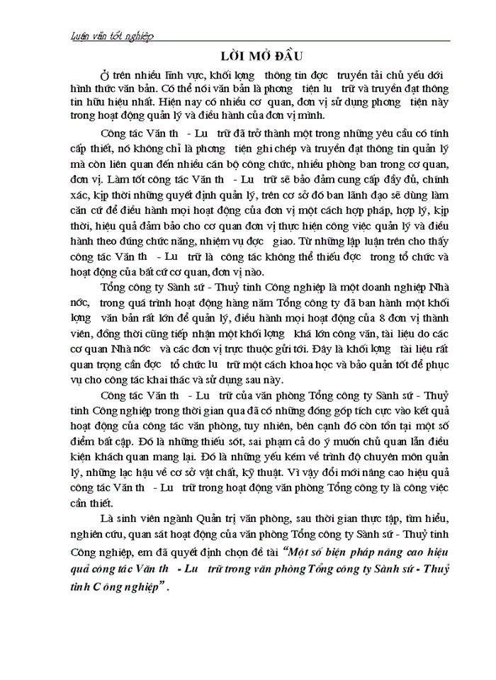 image for page Một số biện pháp nâng cao hiệu quả công tác Văn thư - Lưu trữ trong văn phòng Tổng Công ty Sành sứ - Thuỷ tinh C ông nghiệp