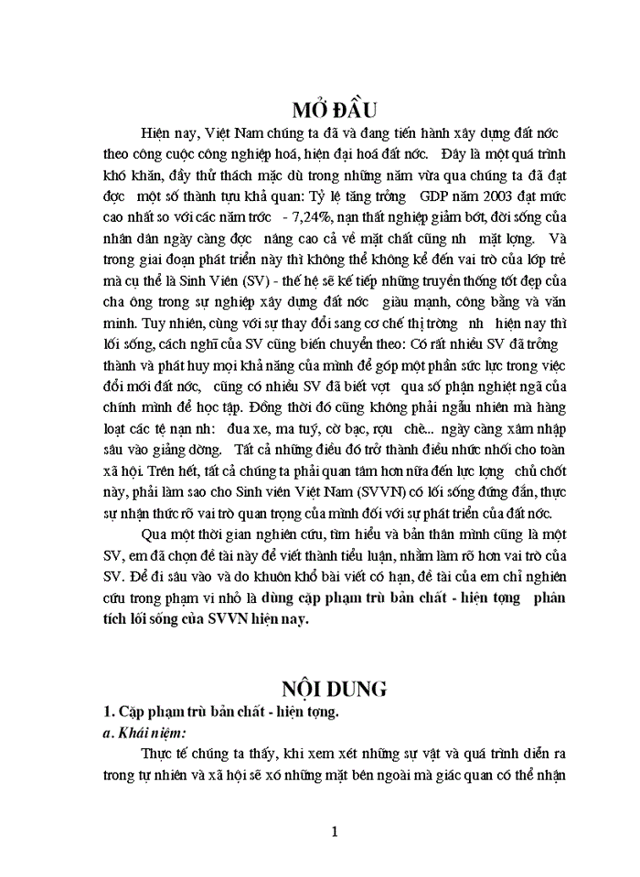 Dùng cặp phạm trù bản chất - hiện tượng phân tích lối sống của SINH VIÊN Việt Nam hiện nay