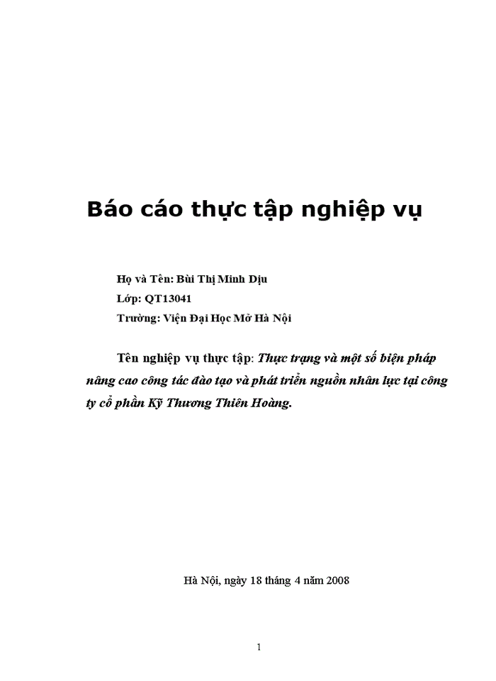 Thực trạng và Một số biện pháp nâng cao công tác đào tạo và phát triển nguồn nhân lực tại Công ty cổ phần Kỹ Thương Thiên Hoàng